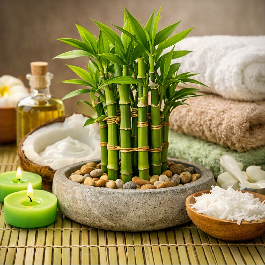 A small potted bamboo plant arranged in a spa setting with folded towels, candles, a coconut filled with coconut cream, and bowls of white powder on a bamboo mat depicting Bamboo Coconut Fragrance Oil.