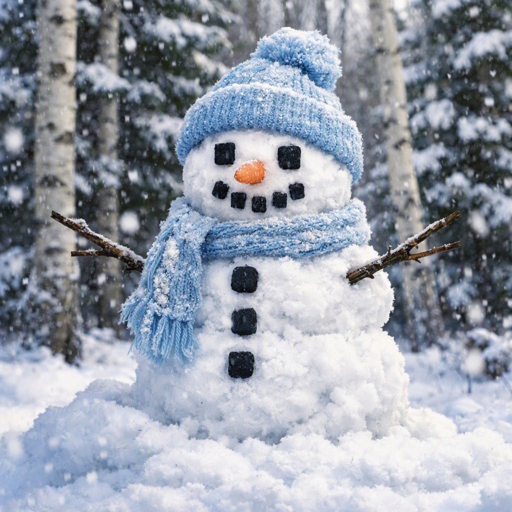 Birchwood Pine Fragrance Oil represended by a snowman made of three stacked snowballs in a snowy forest, wearing a light blue knit hat and matching scarf, with a small orange carrot nose and black buttons.