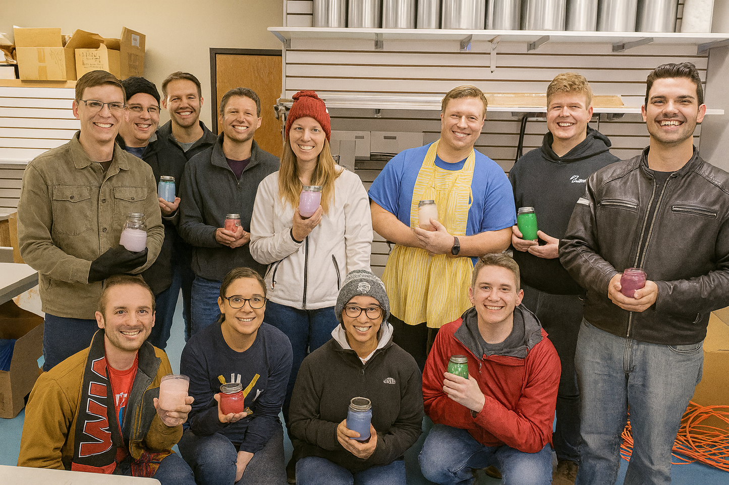 People showing their candles that they made in the fill your own candle making class at Candle Cocoon