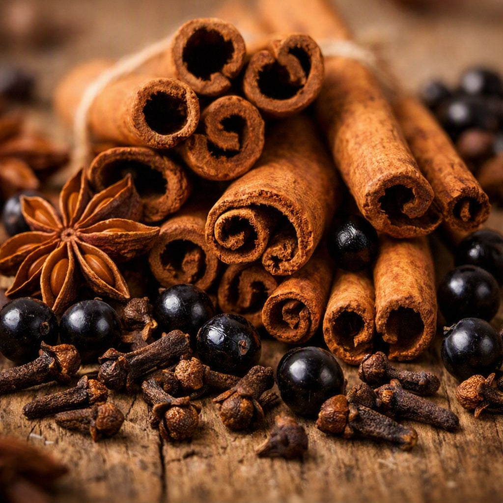 A close-up arrangement of cinnamon sticks tied together with string, a star anise pod, cloves, and dark berries on a rustic wooden surface to represent Cinnamon and Spice Fragrance Oil.