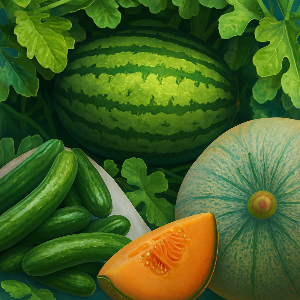 Fresh cucumbers and ripe melon arranged to evoke the clean, crisp scent of Cucumber Melon Fragrance Oil. Ideal for candles, soap, and body care.