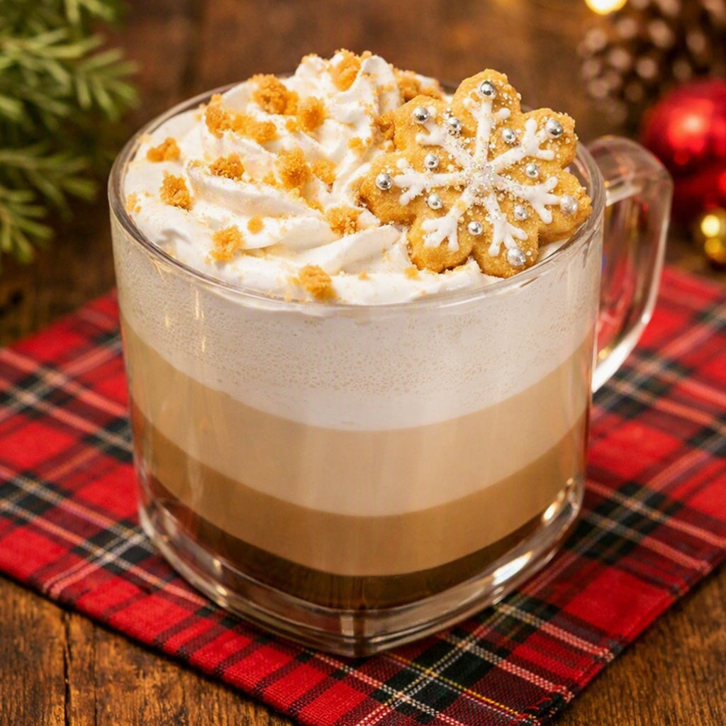 Fa La Latte Fragrance oil is the feel of A layered coffee drink in a clear glass mug with whipped cream, cookie crumbles, and a snowflake-shaped cookie garnish, set on a red plaid napkin with holiday decorations in the background.