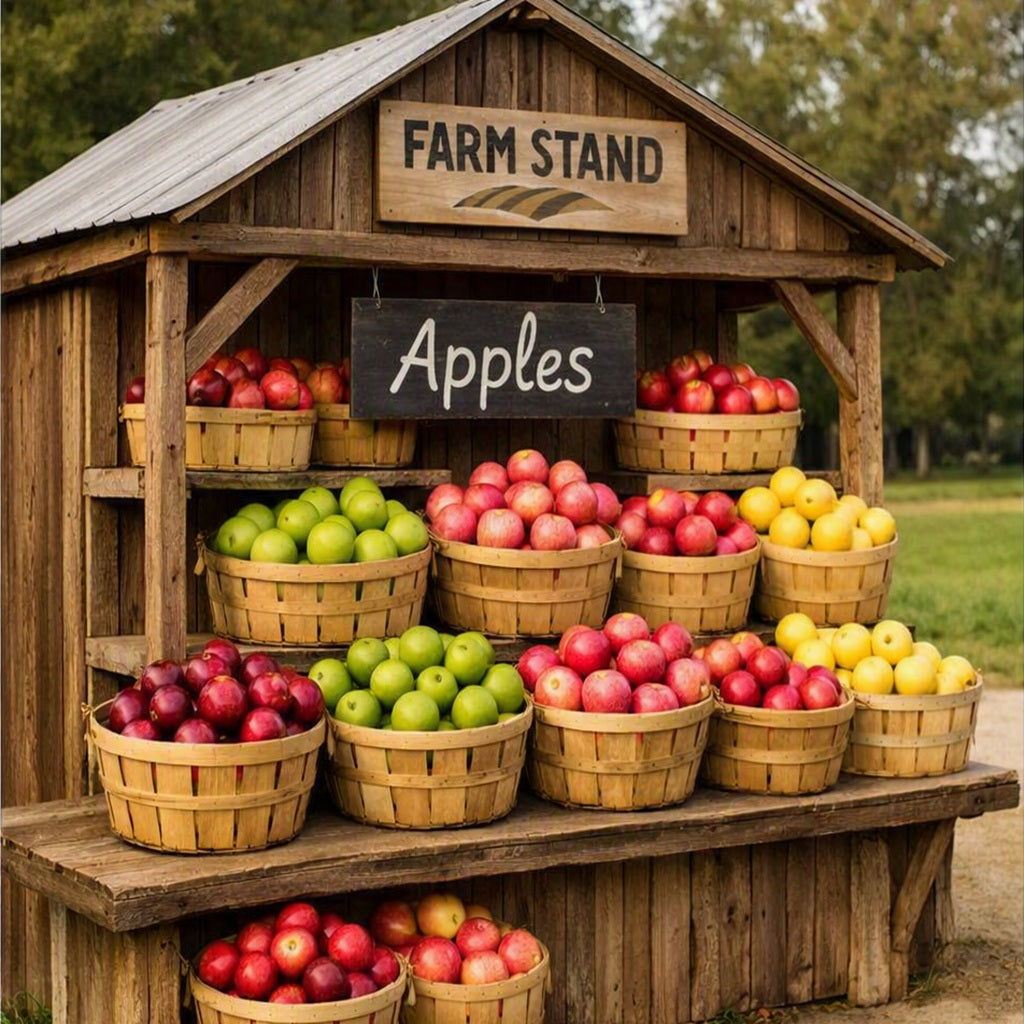 A rustic wooden farm stand filled with baskets of red, green, and yellow apples, with signs reading 'FARM STAND' and 'Apples' in an outdoor setting. This is what Farmstand Apple Fragrance Oil smells like.