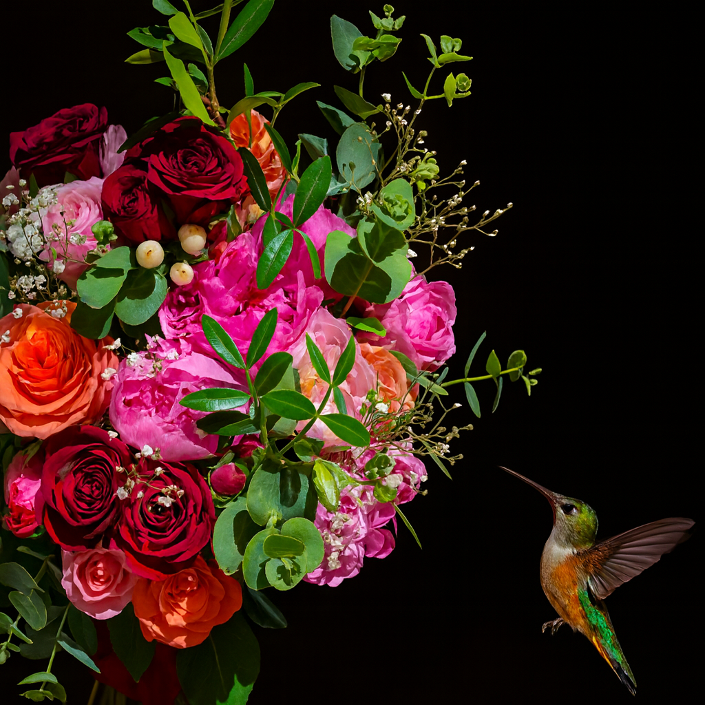 Vibrant bouquet of roses, peonies, and freesia with lush greenery, set against a dark backdrop. A hummingbird hovers in the corner, poised like a conductor leading a fragrant symphony — echoing the floral notes of this elegant fragrance oil