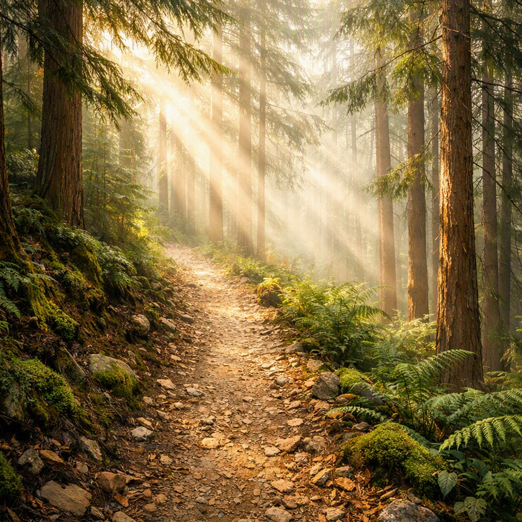 A sunlit forest path running through tall trees, with golden rays of light filtering through the woods and green ferns lining the trail. Represents the fragrance oil Hiking Trail.