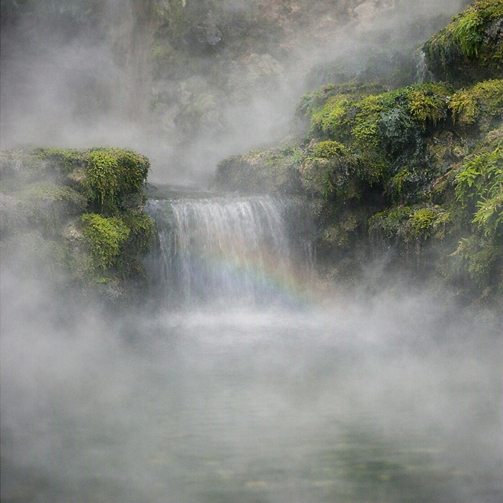 A misty hot springs waterfall cascading over mossy green rock cliffs, with a faint rainbow visible in the spray above calm water. Gives the feel for Hot Springs and Salted Moss Fragrance Oil.