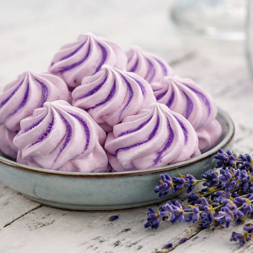 Lavender and white swirled marshmallows served in a light blue ceramic bowl, with dried lavender flowers on a white rustic wooden table. Gives the feel for Lavender Marshmallow Fragrance Oil.