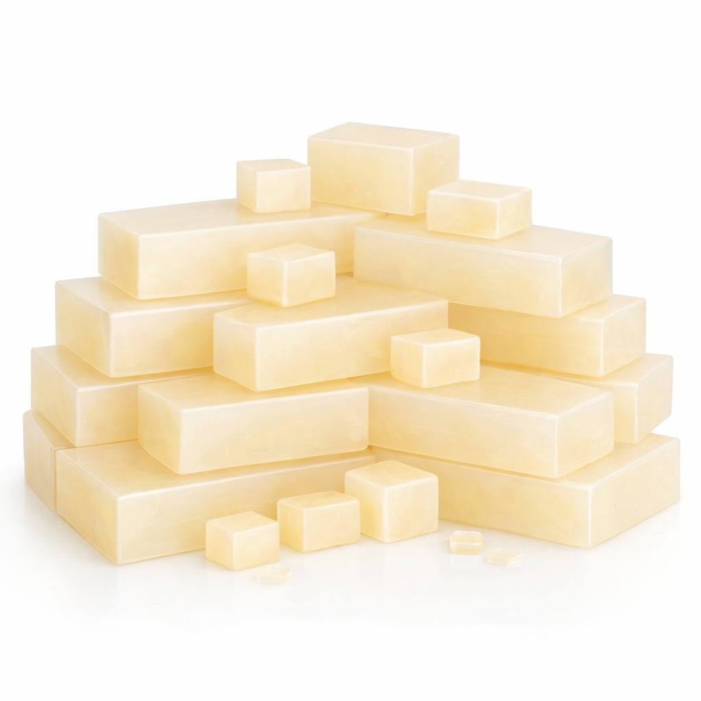 Low‑sweat melt and pour soap base — a pile of 13 rounded, translucent creamy blocks stacked on a white background. The blocks have smooth, glossy surfaces and a soft warm tint, with smaller cube and thin rectangular pieces scattered around the base.