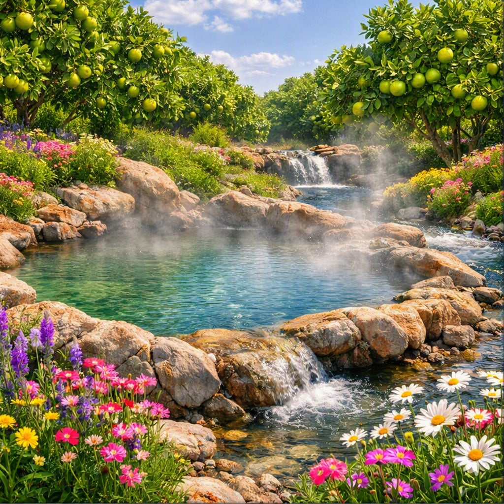 A lush garden scene with a small waterfall and mineral spring pool, surrounded by rocks, flowering plants, and lime trees under a blue sky. Gives the feel of Mineral Springs Fragrance Oil