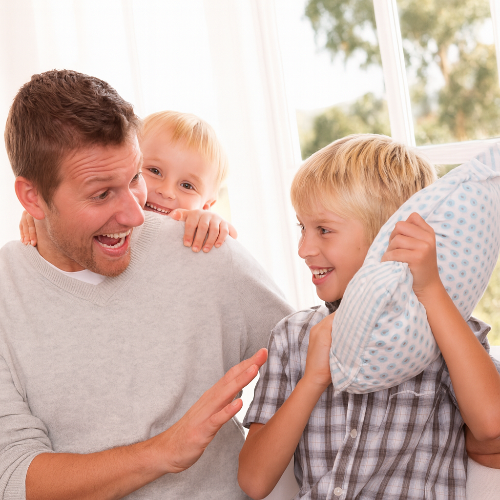 Visual for Pillow Fight Fragrance Oil — young boy playfully holding pillow with dad and sibling smiling nearby.