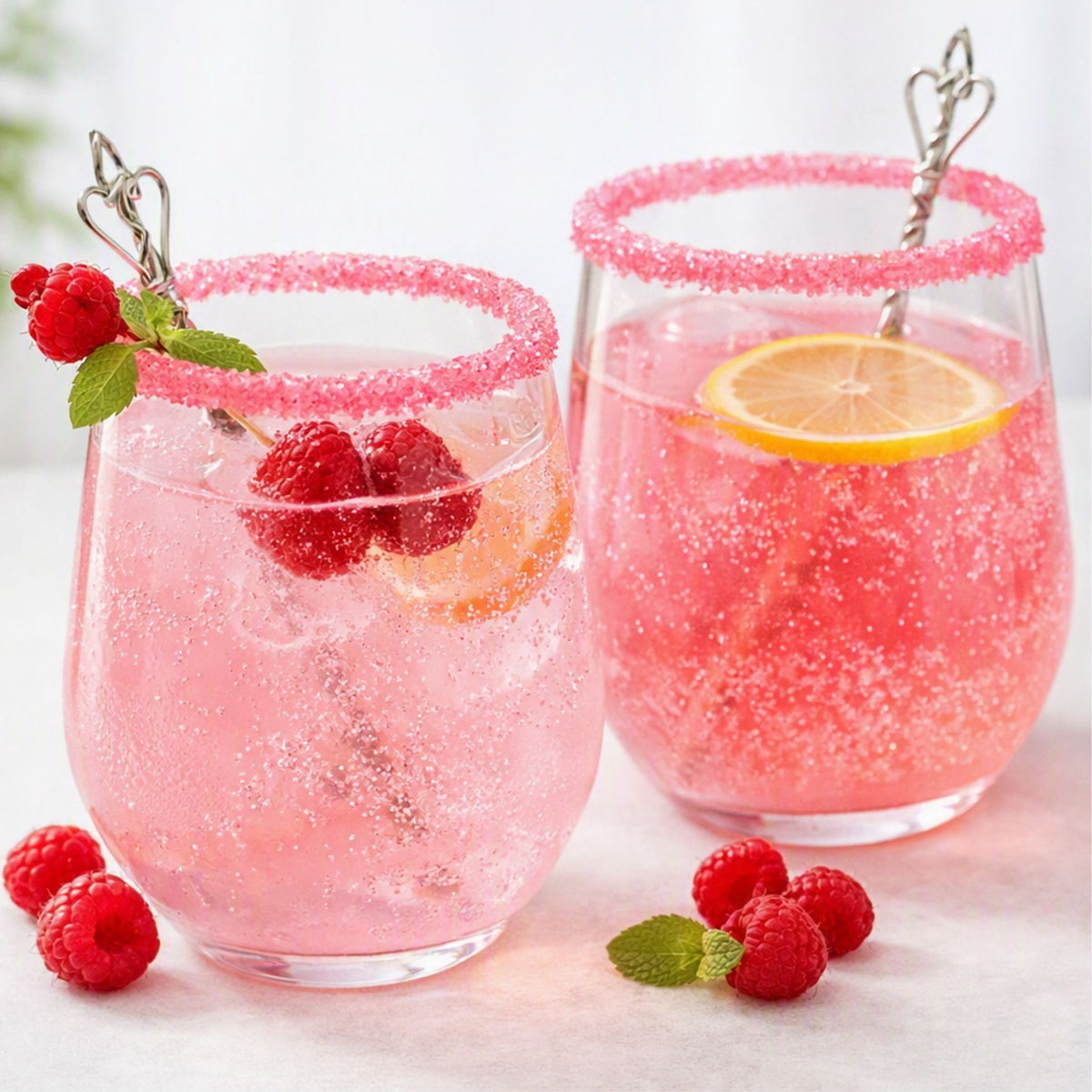 Two pink sparkling cocktails in clear stemless glasses, rimmed with pink sugar and garnished with raspberries, mint, and lemon slices, set on a light surface with additional raspberries around them. Gives the feel for the smell of Pink Fizz Clean Fragrance Oil.
