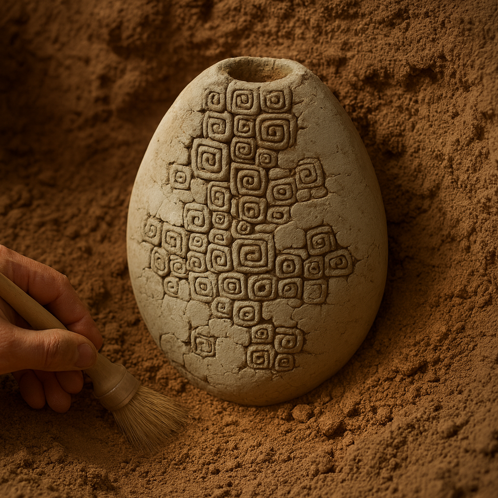 Ancient carved vase being uncovered in an archaeological dig, representing Rare Earth Fragrance Oil’s grounded, mineral-rich scent