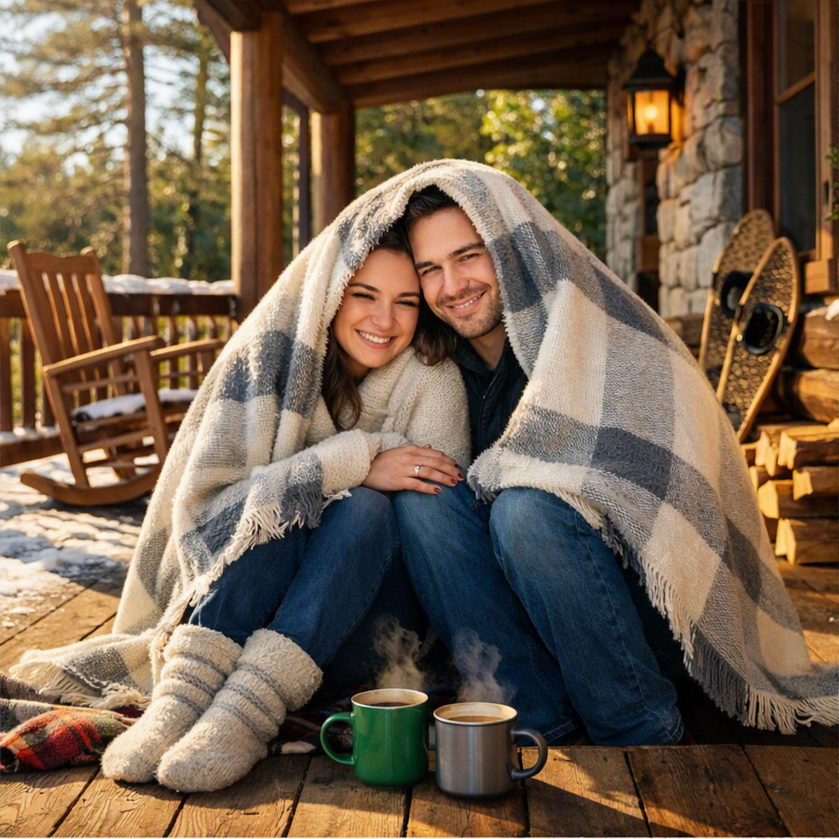 A smiling couple sits wrapped together in a large plaid blanket on a rustic wooden porch, with two steaming mugs in the foreground and trees in the background. Gives the idea of Soft Blanket Fragrance Oil