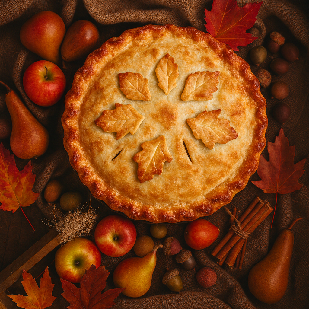 Golden-brown pie with leaf-shaped crust cutouts and dark slits, surrounded by apples, pears, acorns, cinnamon sticks, and autumn leaves on brown fabric - inspired by Spiced Apple Pie Fragrance Oil