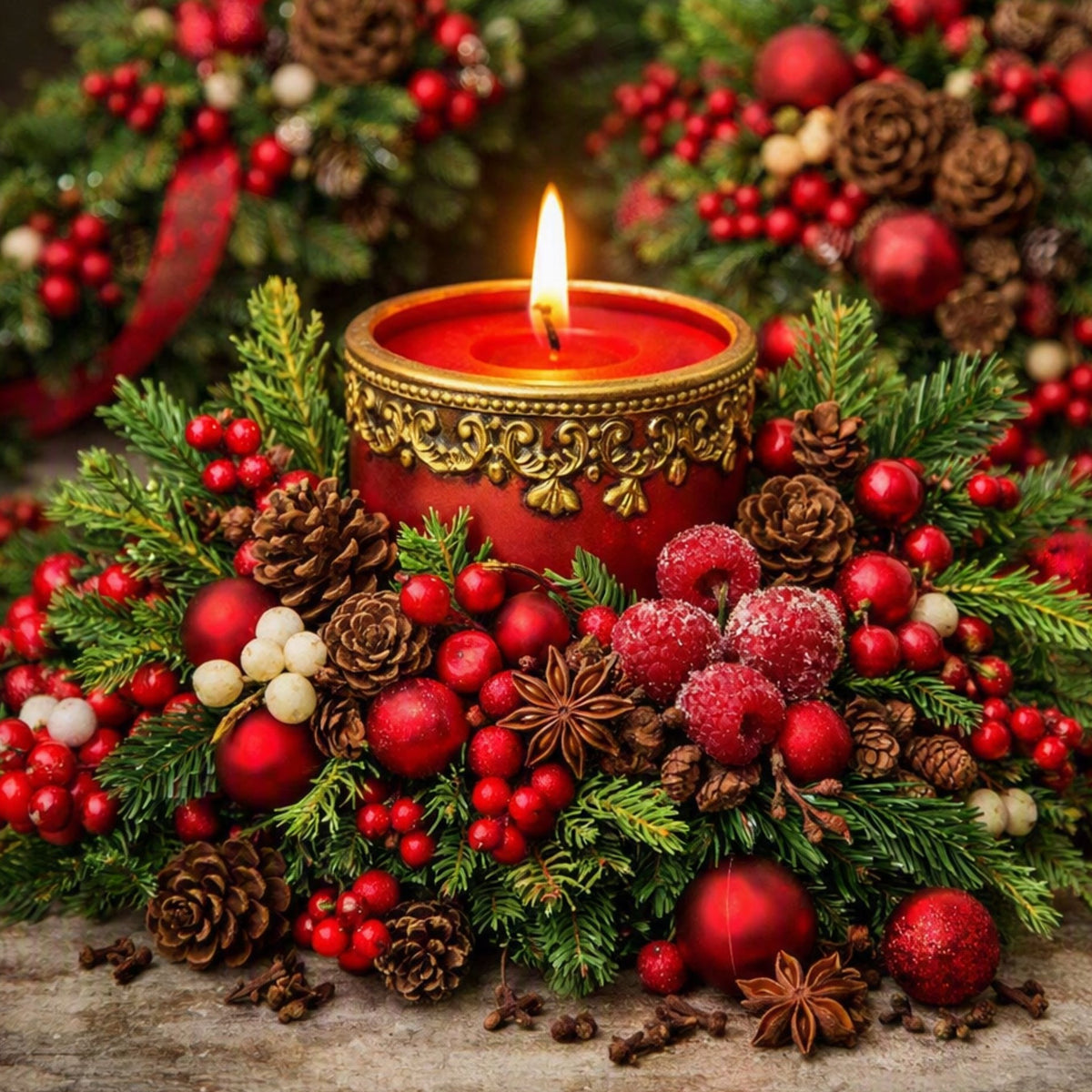 Red and white berries along with small pine cones, spruce branches and sugared raspberries surround a decorative red candle. Used to give the feel of Spruceberry Fragrance Oil