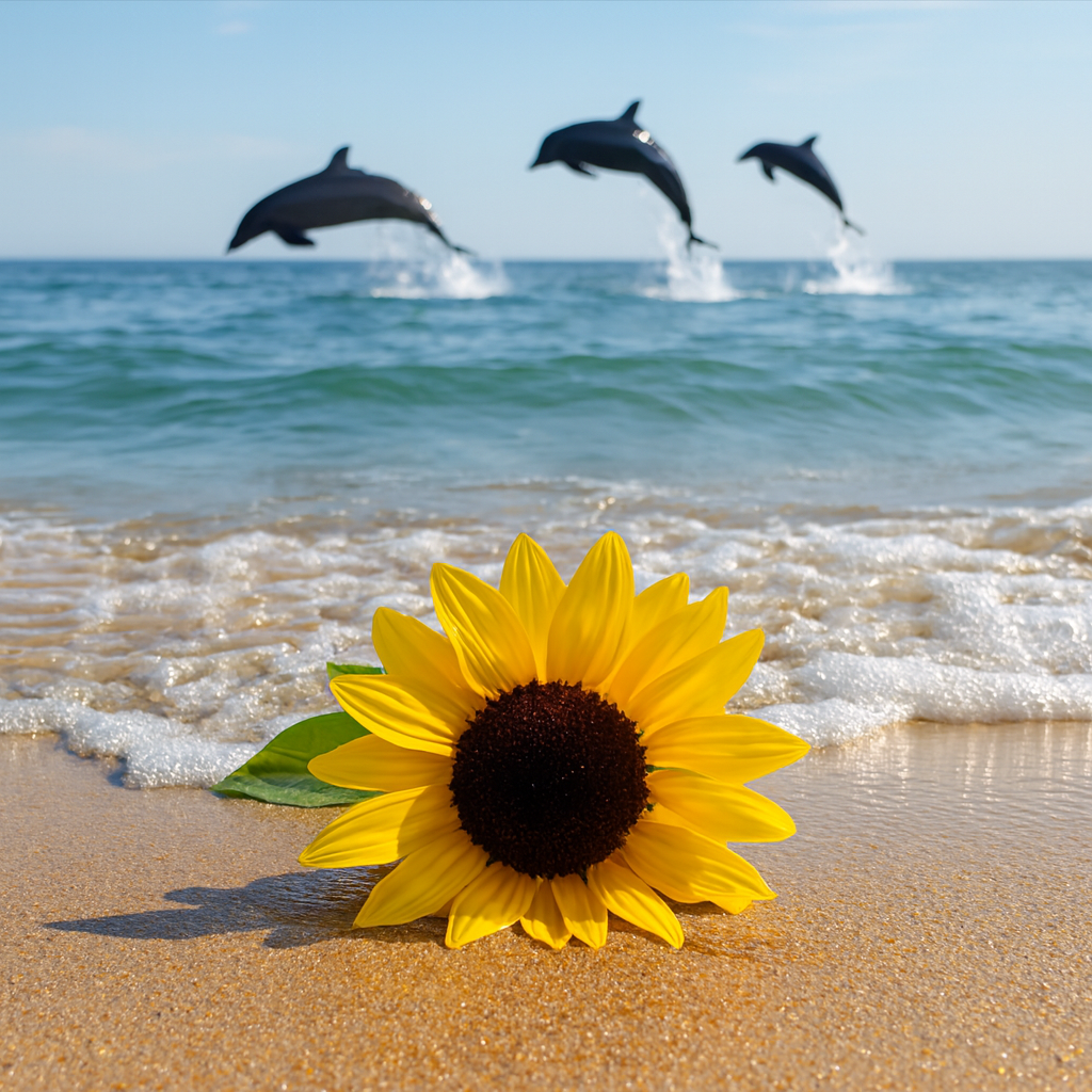Sunflower and Sea Mist™ Fragrance Oil — bright yellow sunflower resting in beach sand near ocean waves, evoking coastal freshness and floral energy.