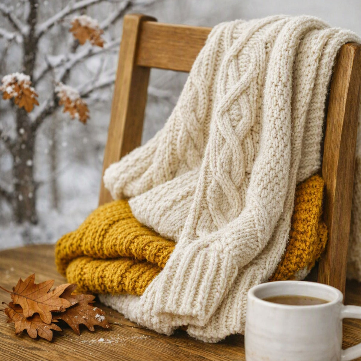 A cozy knit throw blanket in cream is draped over a wooden chair next to a folded mustard yellow knit blanket, with a white mug on a wooden table and a snowy outdoor scene blurred in the background. If Sweater Weather had a scent it would be this Fragrance Oil.