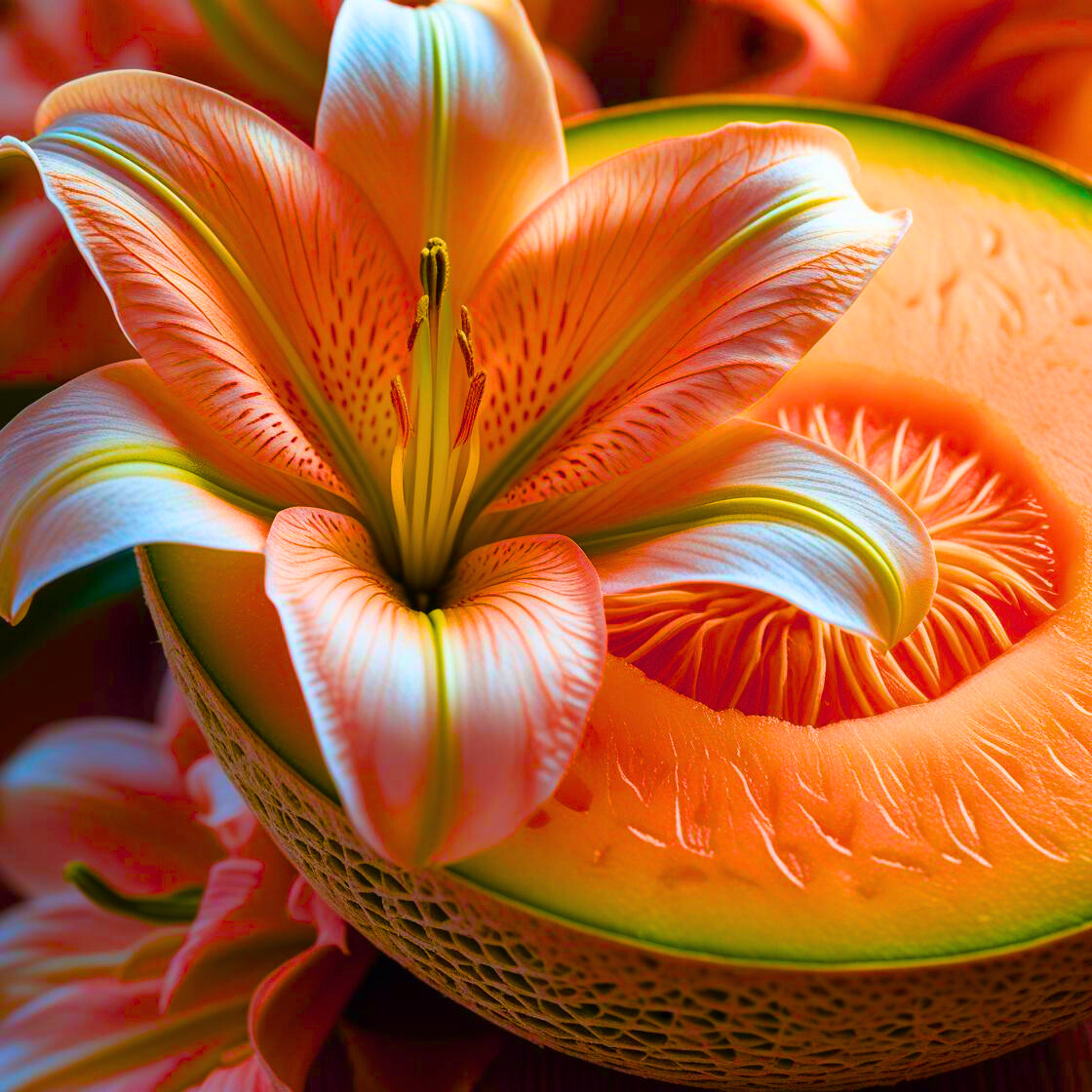 Close-up of a sliced cantaloupe with a orange Tiger Lily flower on top