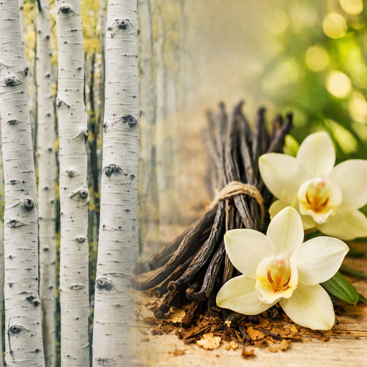A bundle of dark vanilla beans tied with twine sits on a wooden surface beside pale yellow orchid flowers, with birch tree trunks on the left and a softly blurred forest background. Gives the feel for the scent of Candle Cocoon Vanilla Birch fragrance Oil.