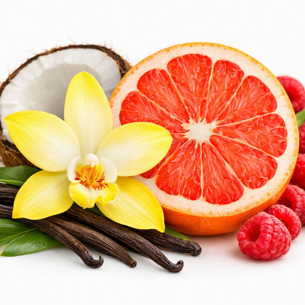 A styled arrangement of ingredients and florals on a white background: a halved pink grapefruit, a yellow orchid flower, vanilla beans, raspberries, and a cracked coconut half. Gives the feeling for the scent Vanilla Pink Grapefruit Fragrance Oil from Northstar.