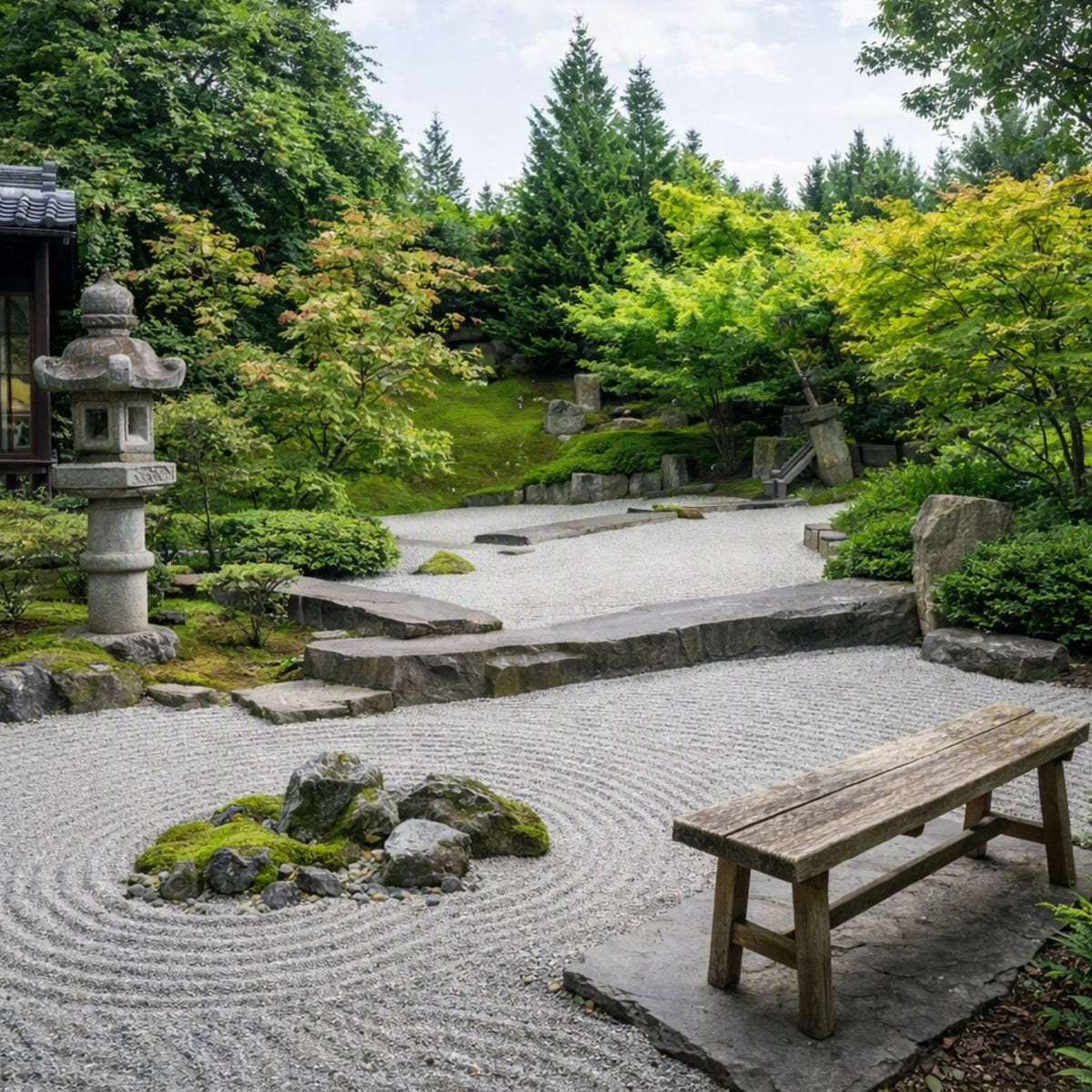 A serene Japanese-style garden with white raked gravel, a stone lantern, a wooden bench, mossy rocks, and dense green trees in the background. Gives the idea for the smell of Zen Garden Fragrance Oil