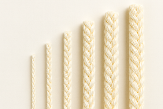 Close-up of CD-style candle wicks arranged in size order, showing braided cotton texture on a neutral background.