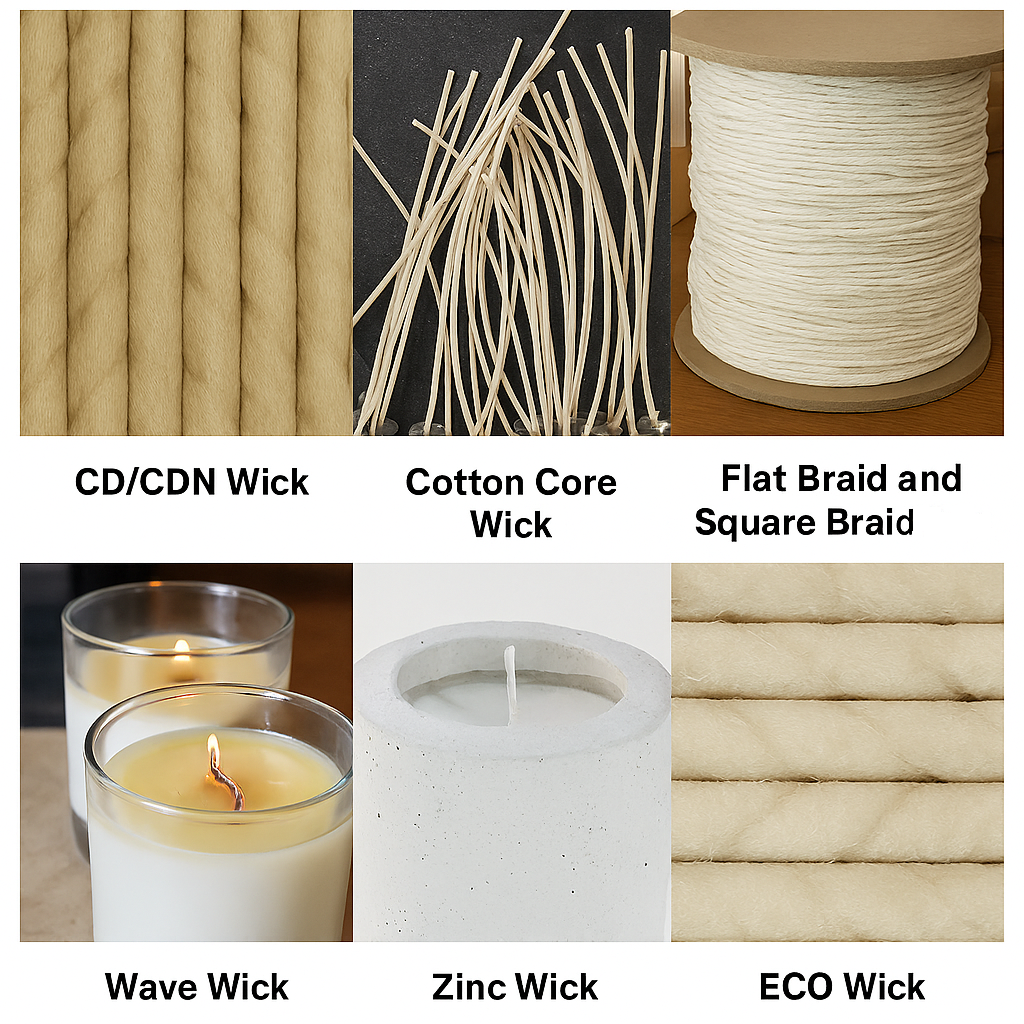 Six different candle wick types displayed side by side, each labeled and shown with its distinct construction.