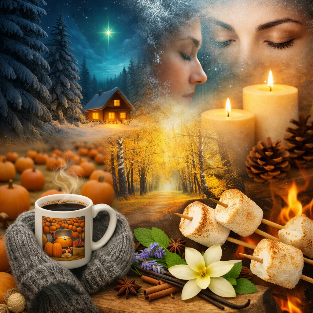 “Layered collage featuring a cozy snowy cabin under a bright star, a woman near a frosted window, a steaming mug in a pumpkin patch, toasted marshmallows, vanilla flower, lemon, lavender, mint, cinnamon, and warm candlelight depicting fragrance oils.