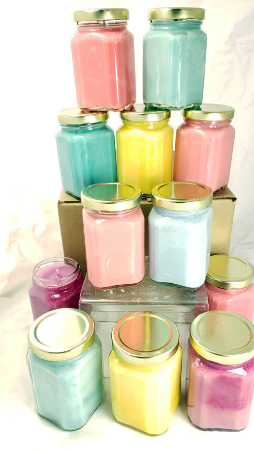 Victorian Jar Candles in various colors with gold lids