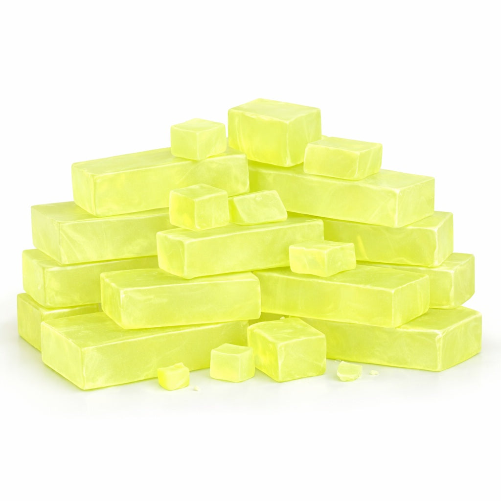 Forty pound stack of translucent aloe‑colored melt and pour soap base blocks arranged in a pyramid formation on a white surface, showing smooth glossy texture and soft yellow‑green hue.