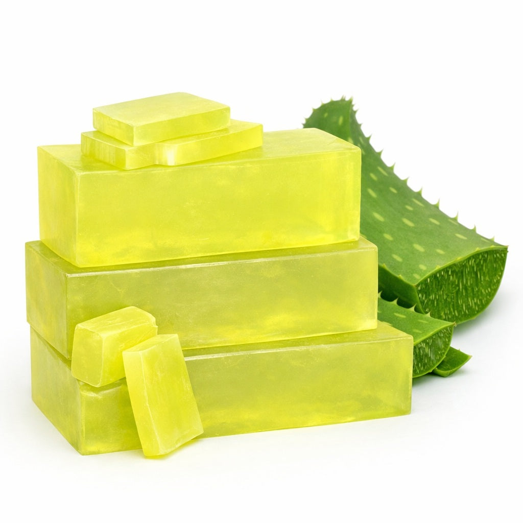 Stack of yellow melt and pour soap bars with aloe vera leaves on a white background