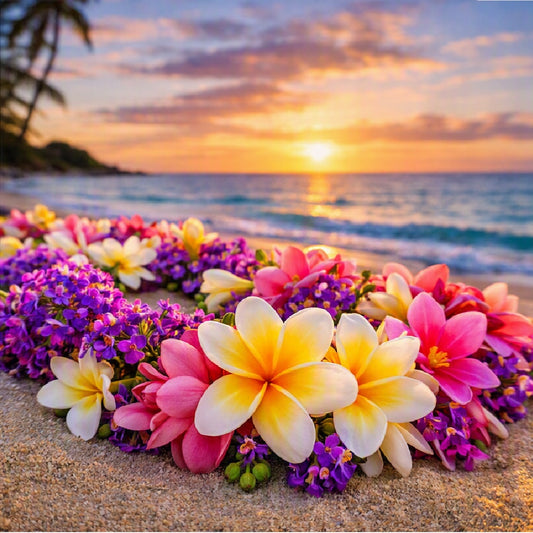 A vibrant tropical flower lei made of Heliotrope, lotus flower, plumeria, pink hibiscus, and purple blossoms arranged in a circle on a sandy beach during a warm sunset over the ocean representing the Aloha Vanilla fragrance oil.