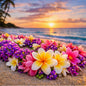 A vibrant tropical flower lei made of Heliotrope, lotus flower, plumeria, pink hibiscus, and purple blossoms arranged in a circle on a sandy beach during a warm sunset over the ocean representing the Aloha Vanilla fragrance oil.