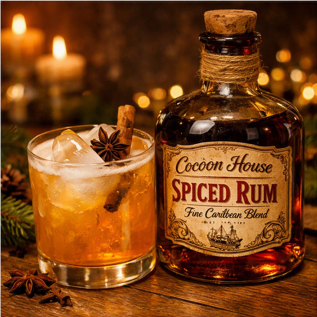 A bottle of Cocoon House Spiced Rum next to a glass of the amber-colored apple spiced cider cocktail, garnished with a cinnamon stick and star anise, set on a rustic wooden table with warm blurred candles in the background to represent Apple Cider Spiced Rum Fragrance Oil.