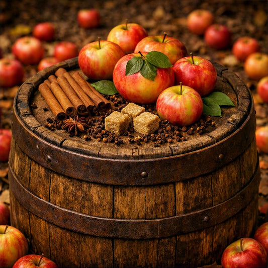 Applewood and Clove fragrance oil picture. A rustic wooden barrel filled with red and yellow apples, cinnamon sticks, brown sugar cubes, and star anise, set against a background of scattered apples and autumn leaves.