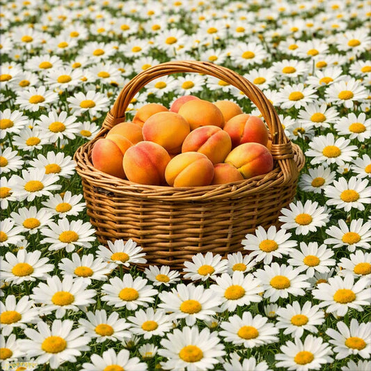 A wicker basket filled with ripe apricots sits on a dense field of white chamomile flowers depicting Apricot Chamomile Fragrance Oil