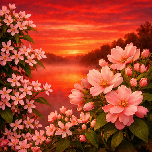 A vibrant landscape print featuring a bright red and orange sunset over a misty lake, framed by lush green foliage of star jasmine and magnolia and clusters of light pink blossoms in the foreground used to depict the fragrance oil Aurora Dawn.