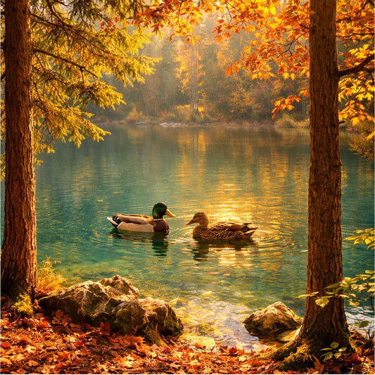 Autumn Lake fragrance oil depicted by an Autumn forest lake scene with two ducks swimming in clear turquoise water, surrounded by golden-orange foliage and tree trunks.
