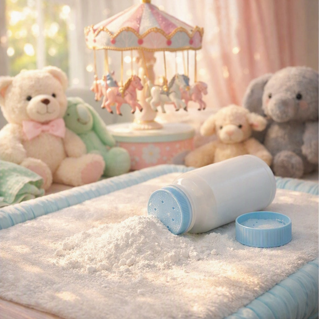 A white plastic powder container with a light blue lid lies open on a soft white blanket, with a small pile of white powder spilled out. The scene is styled in a baby-themed nursery with plush teddy bears, a gray elephant toy, and a pastel carousel in the background to give the feel of the Baby Powder Fragrance Oil.