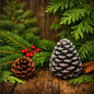 Balsam and Cedar pine cones on a rustic wooden surface surrounded by green evergreen branches, red berries, and cinnamon sticks. Used to represent Balsam and Cedar Fragrance Oil