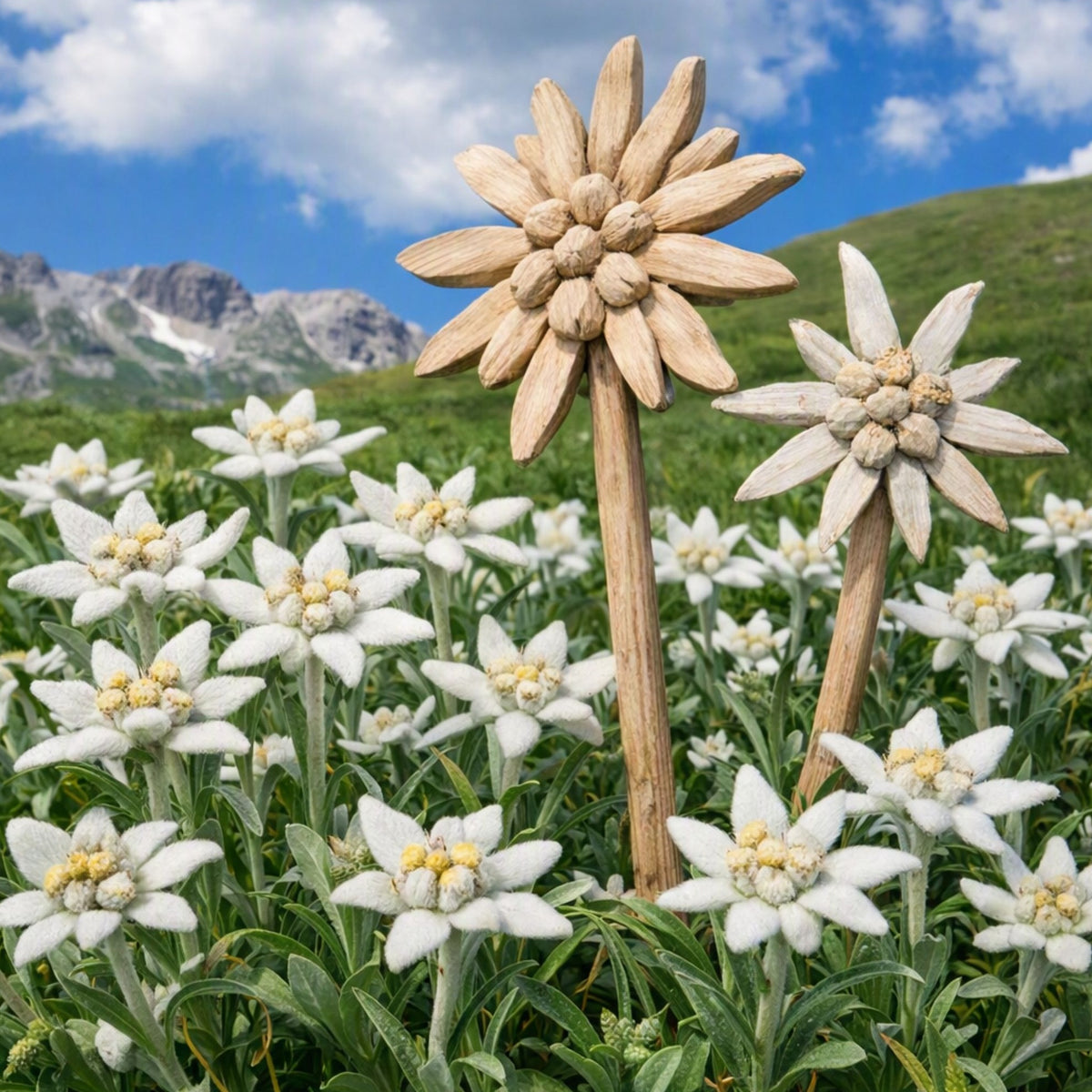Two decorative Bavarian Edelweiss wooden flower garden stakes shaped like white and pale yellow wildflowers, set in a lush green alpine meadow with mountains and a blue sky in the background.Imagine the smell of Bavarian Edelweiss fragrance oil by Northstar.