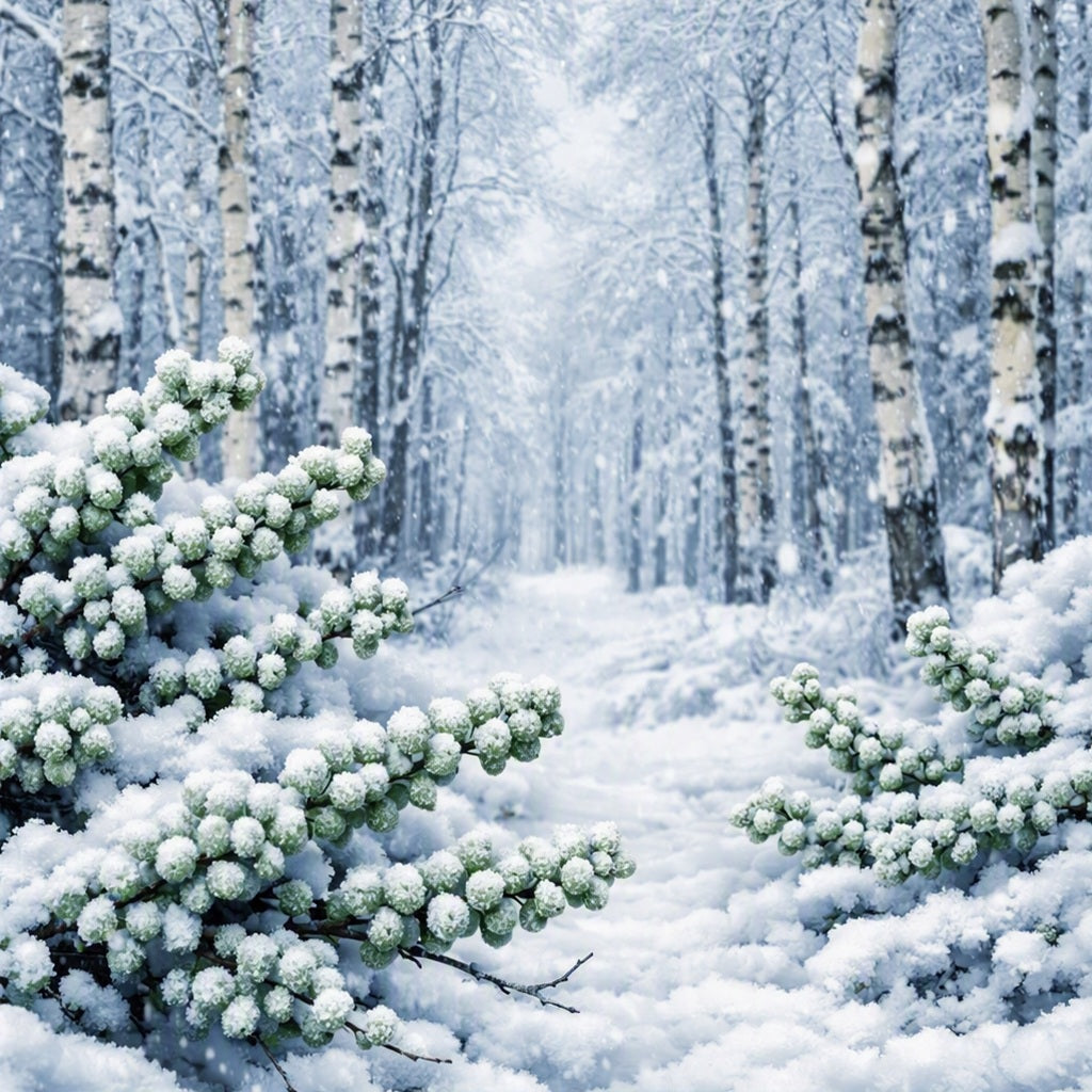 A snowy winter forest scene with birch trees and snow-covered bayberry branches in the foreground, creating a serene white and light-blue landscape to represent Bayberry Birch Fragrance Oil.