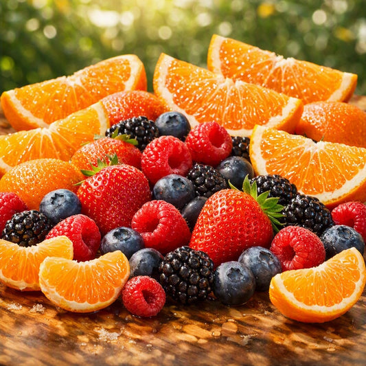 Berry Tangerine Fragragrance Oil representation is a close-up arrangement of fresh fruit on a wooden surface, including orange slices, strawberries, blueberries, raspberries, blackberries, and pears, with a blurred green outdoor background.