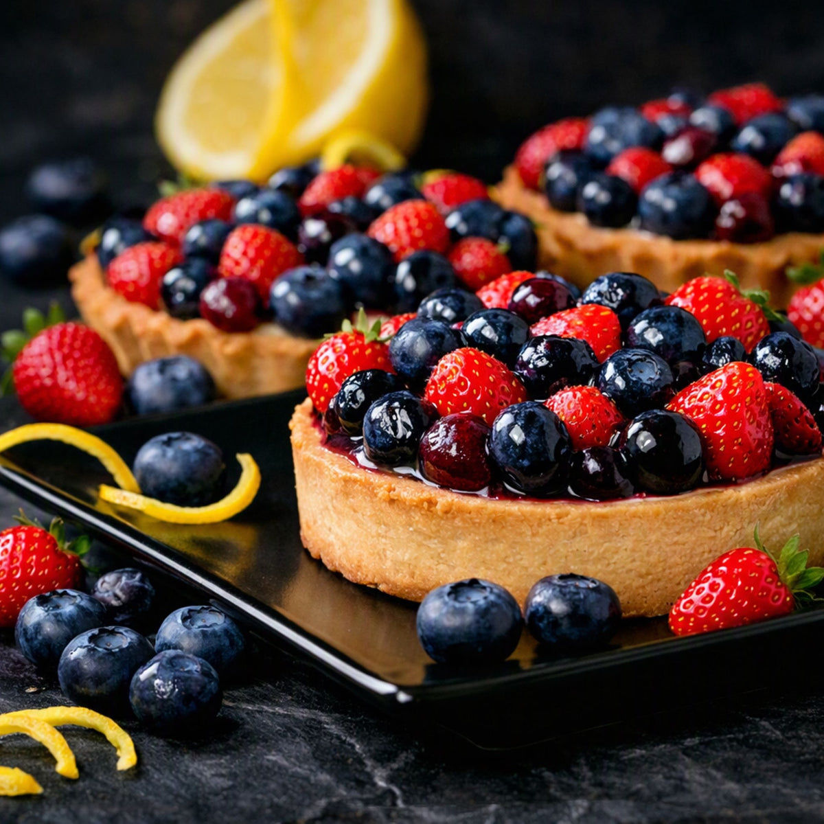 Three berry tartlets topped with fresh strawberries and blueberries on a black rectangular plate, with lemon slices in the background on a dark surface. Used to give the idea of Berrylicious Fragrance Oil.
