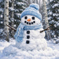 Birchwood Pine Fragrance Oil represended by a snowman made of three stacked snowballs in a snowy forest, wearing a light blue knit hat and matching scarf, with a small orange carrot nose and black buttons.