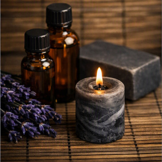A dark gray and black marbled candle in the foreground with a lit flame, alongside amber glass bottles, a bar of soap, and purple lavender on a bamboo mat depicting Black Amber and Lavender Fragrance Oil.