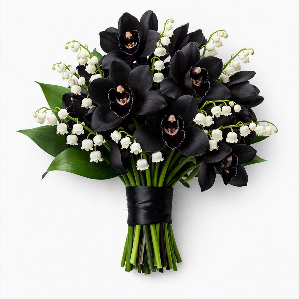 A bouquet of black orchids and white lily of the valley flowers with green stems, wrapped in a black ribbon, photographed against a plain white background to represent Black Orchid Lily Fragrance Oil