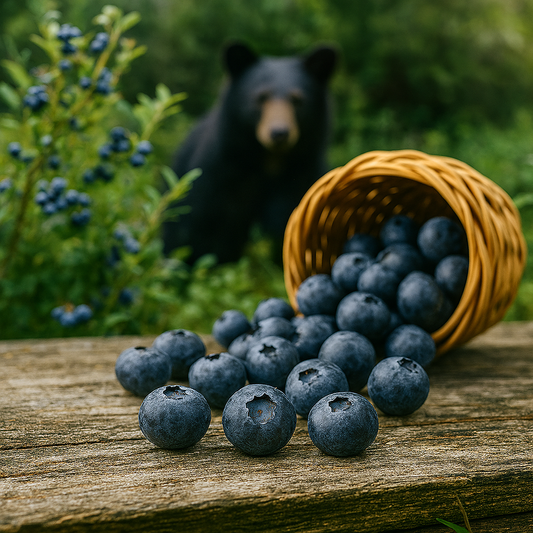 Ripe blueberries spill from a woven basket onto a rustic wooden table, surrounded by lush blueberry bushes and a curious black bear in the background. The scene evokes the wild, juicy essence of Candle Cocoon’s Blatantly Blueberry fragrance oil—untamed, tart, and true to nature, like picking berries deep in the forest understory.