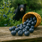 Ripe blueberries spill from a woven basket onto a rustic wooden table, surrounded by lush blueberry bushes and a curious black bear in the background. The scene evokes the wild, juicy essence of Candle Cocoon’s Blatantly Blueberry fragrance oil—untamed, tart, and true to nature, like picking berries deep in the forest understory.