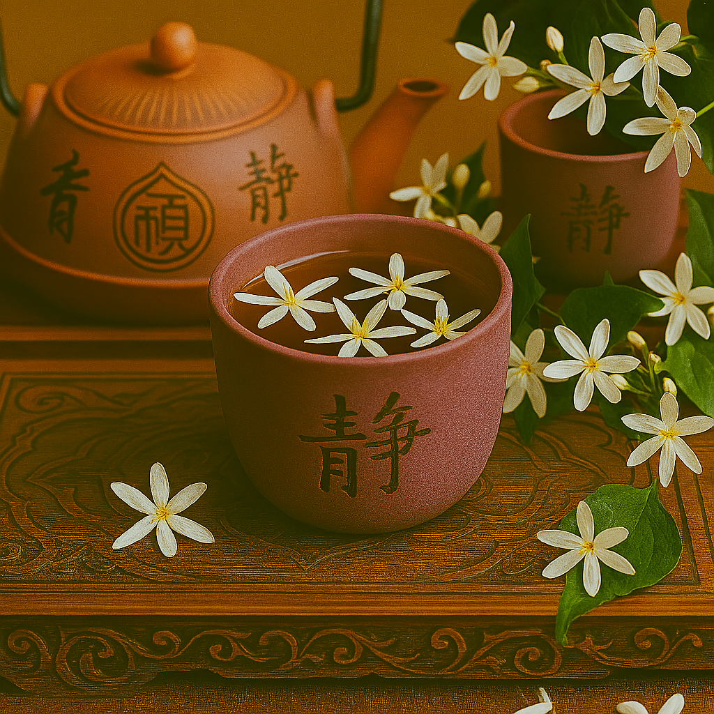 Jasmine flowers float in a mug of tea on a hand carved wooden tray representing Brewed Jasmine fragrance oil.